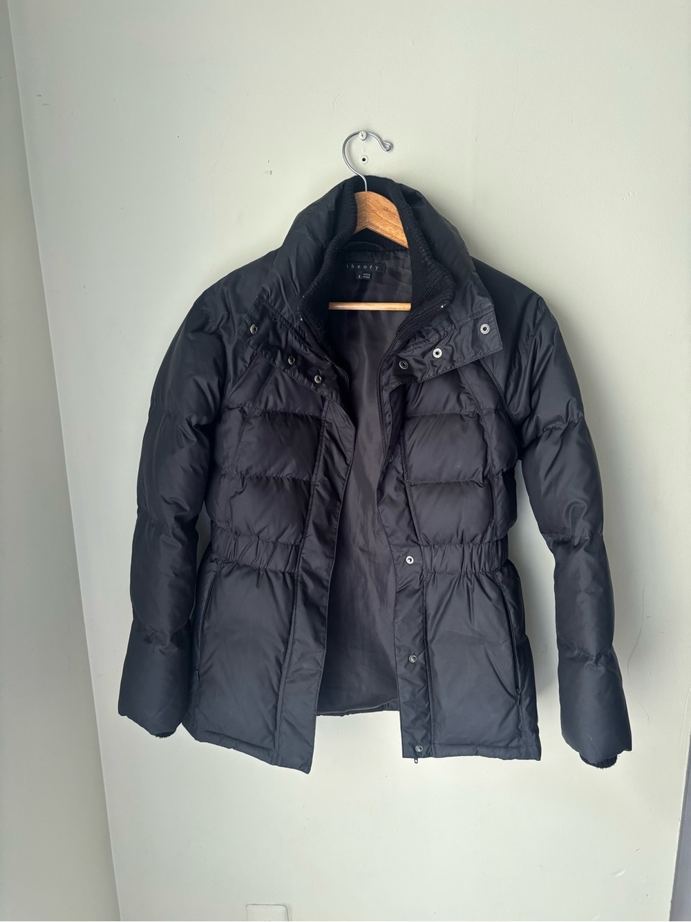 Theory Black Quilted Puffer Coat with Cinched Waist